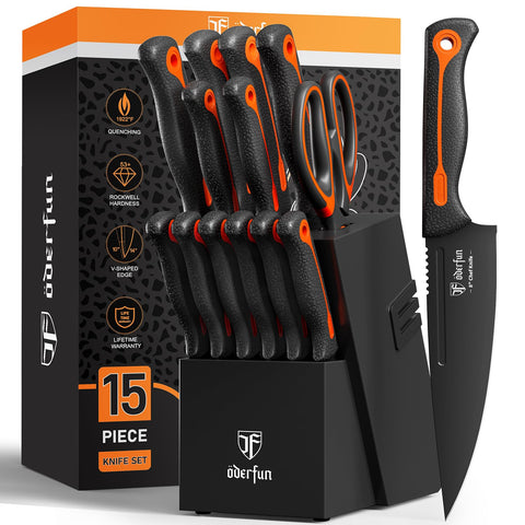 Oderfun knife block set top view with 15-piece collection for daily cooking