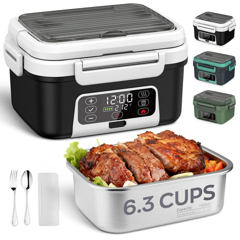 Odopok cordless lunch box with open lid showing meal ready to heat at work.