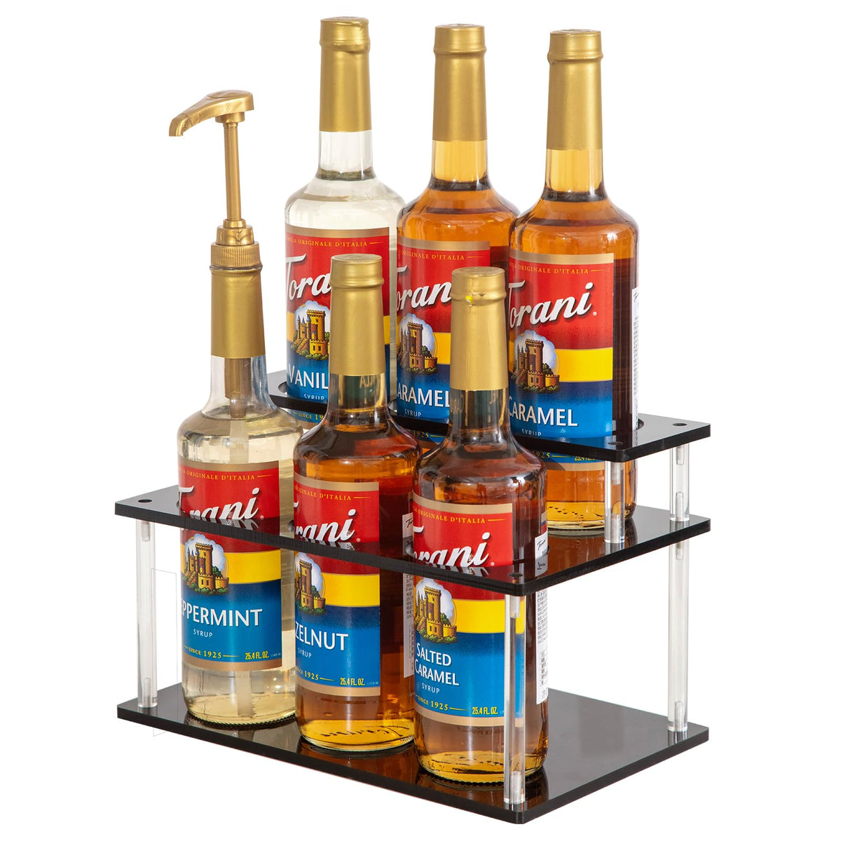 ODPEOZT 2-tier syrup organizer on counter keeps flavors neatly visible and accessible.