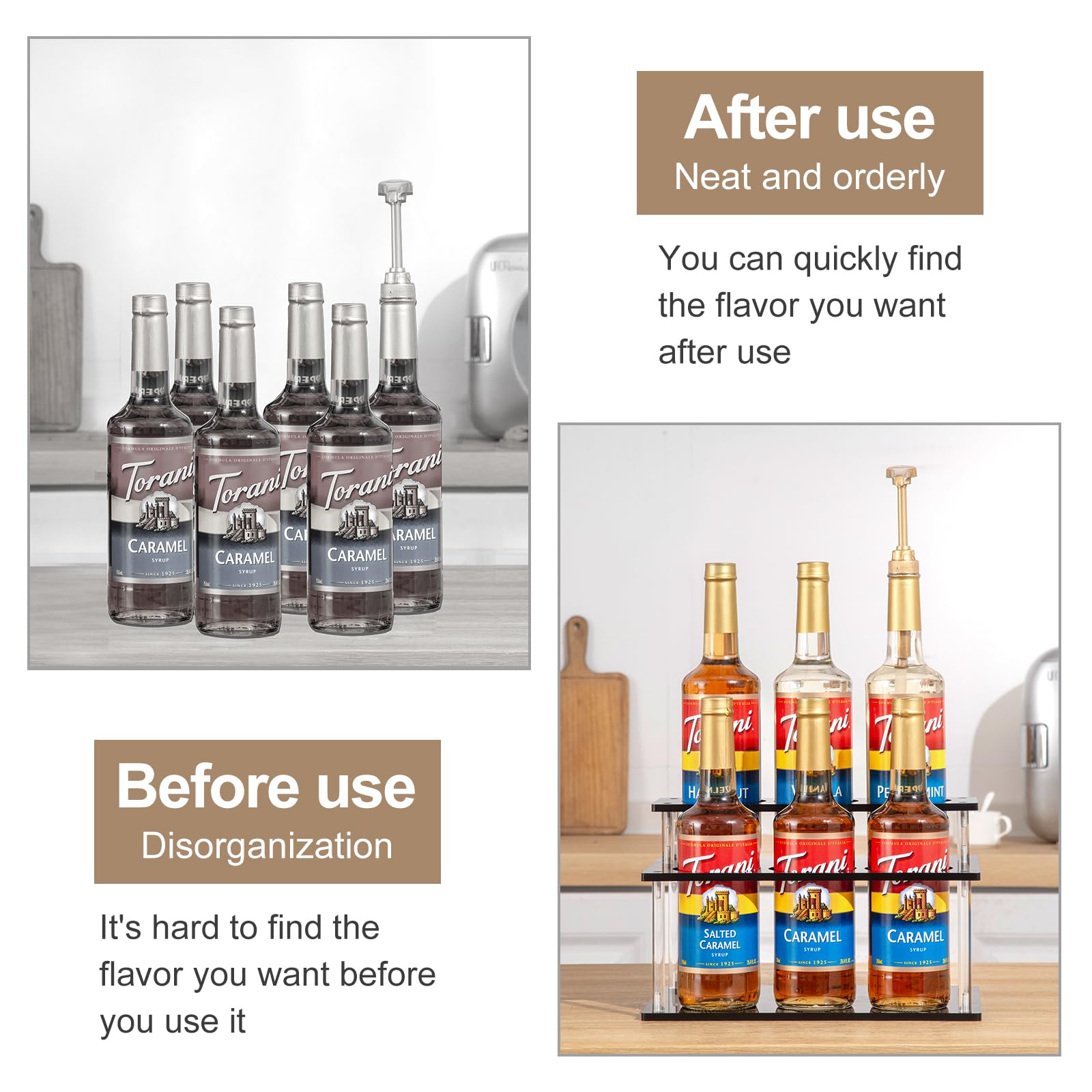 ODPEOZT syrup rack with secure bottle circles prevents tipping.