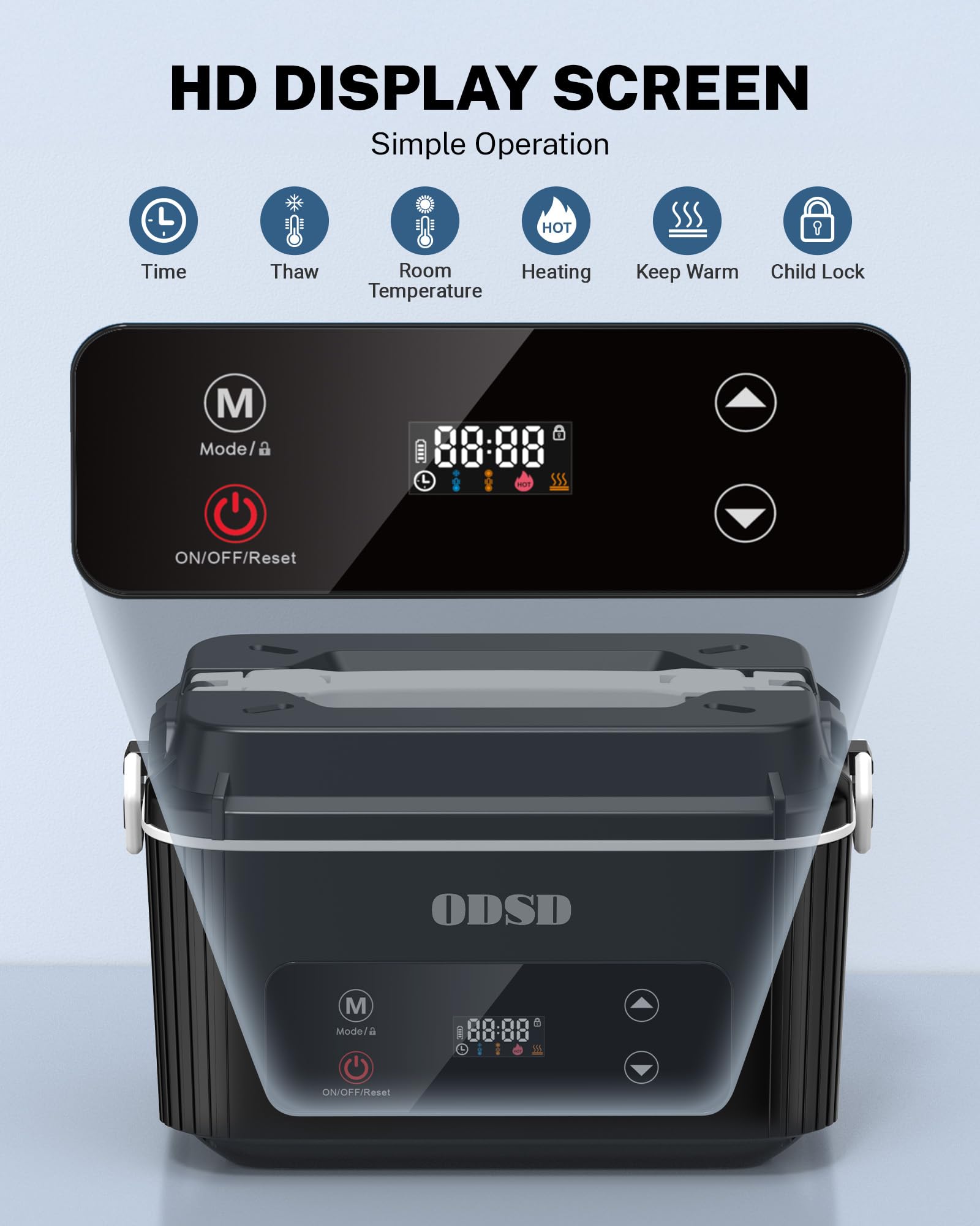 ODSD cordless lunchbox 12h smart reservation showing scheduling feature.
