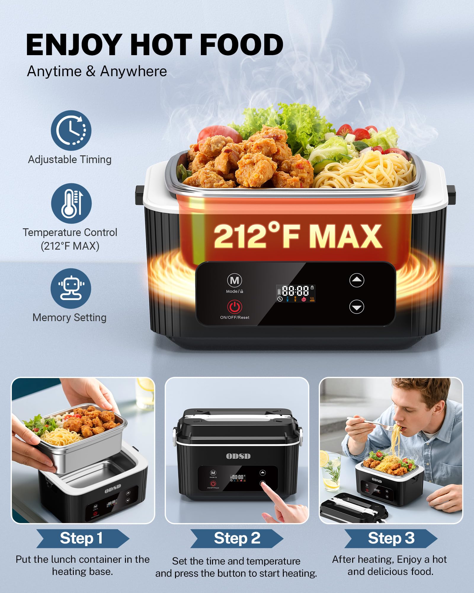 ODSD cordless lunchbox spill-proof lid maintains contained heating liquids.
