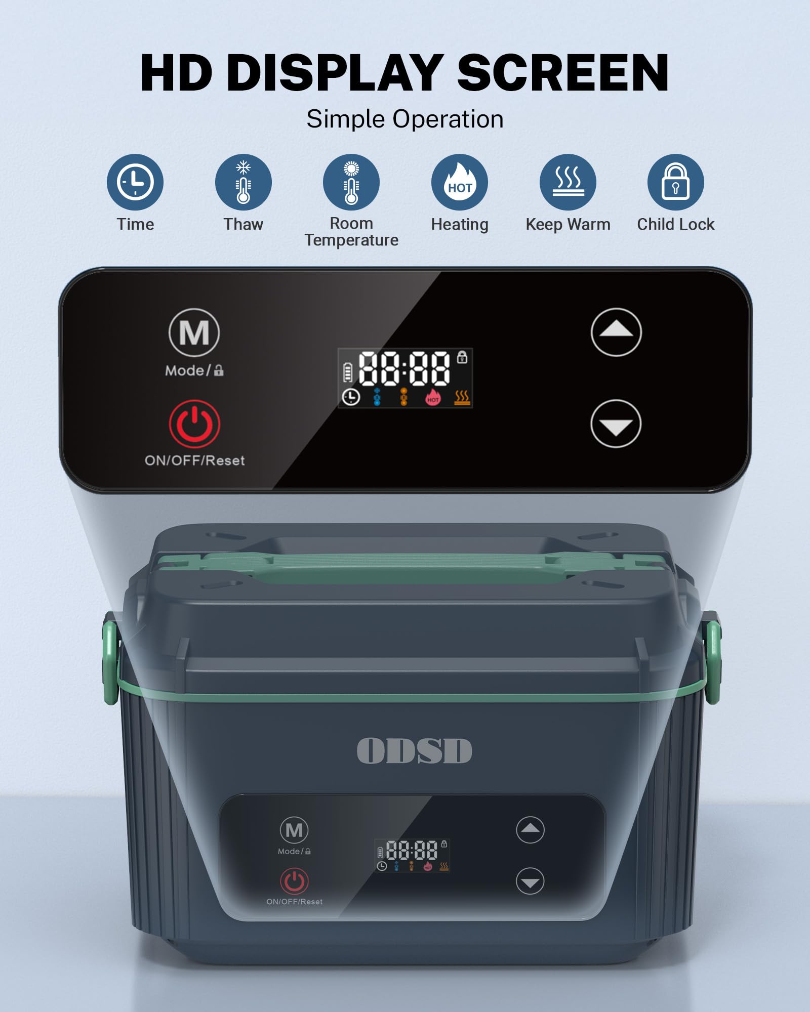 ODSD lunch box features one-button heat for simple use.