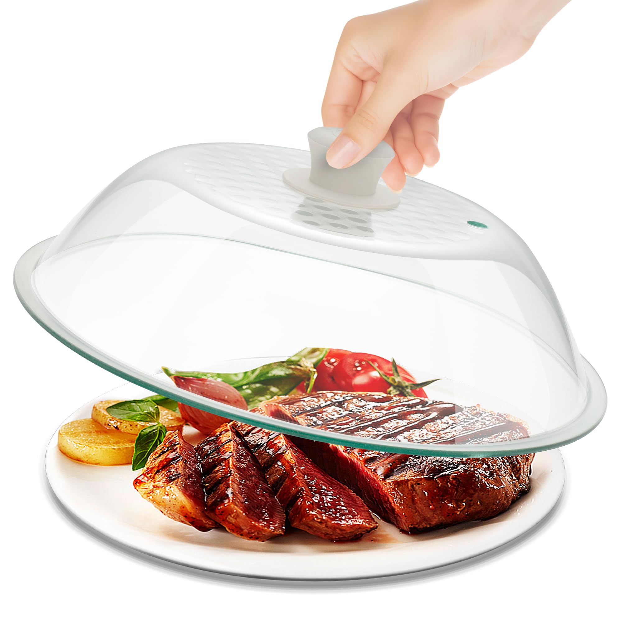 OEC 10-inch tempered glass splatter cover with vent prevents splashes during microwaving.