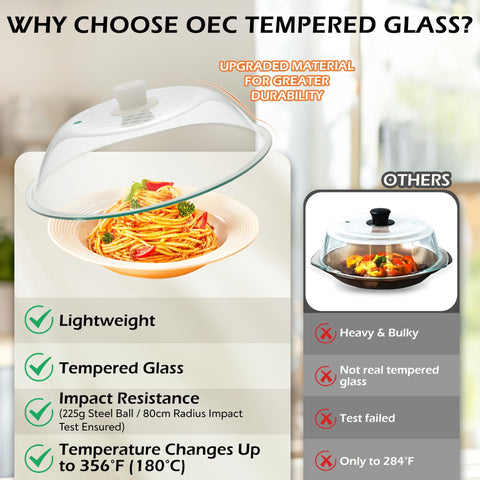 OEC reinforced glass lid resists impact for long-lasting kitchen performance.