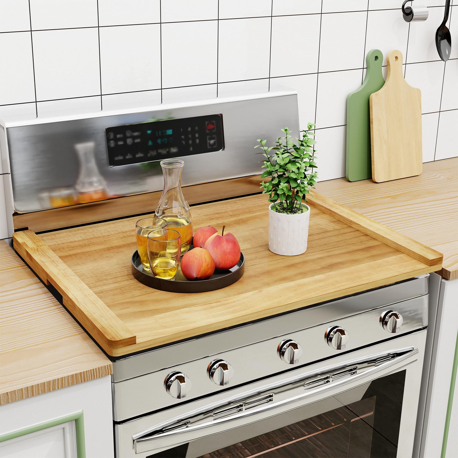 Oenalw noodle board on wood-grain surface doubles as stove-top cover and extra counter space.