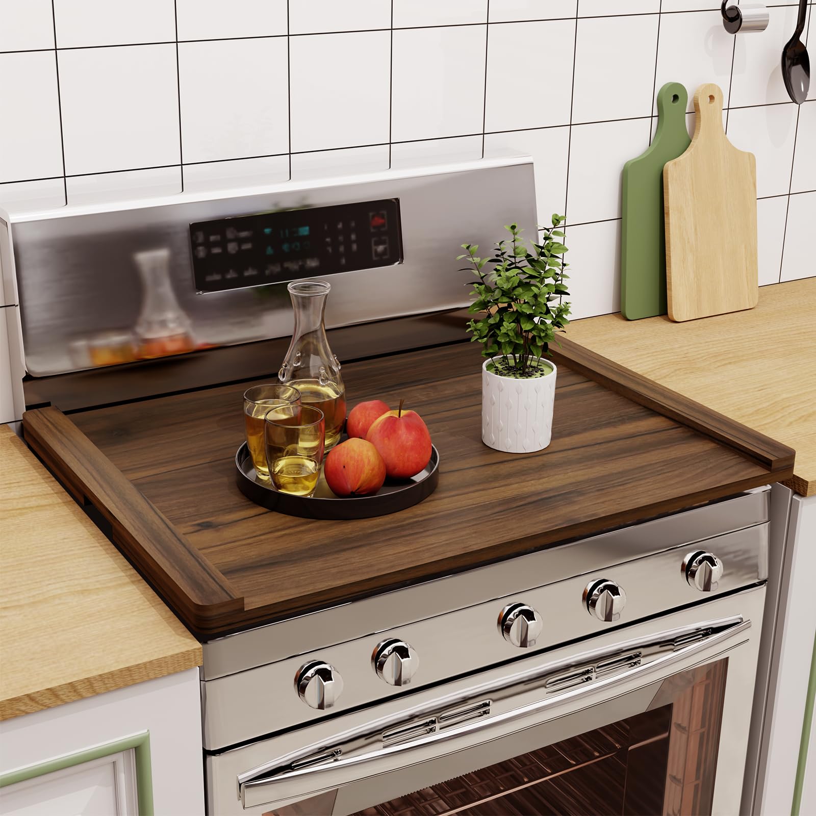 Oenalw noodle board stove cover in wood adds extra counter space.