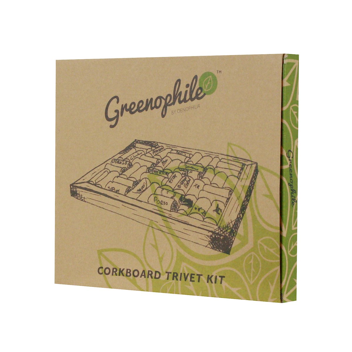 Oenophilia Bamboo Corkboard Trivet Kit cork-layout shows DIY cork arrangement for a personalized kitchen accessory.