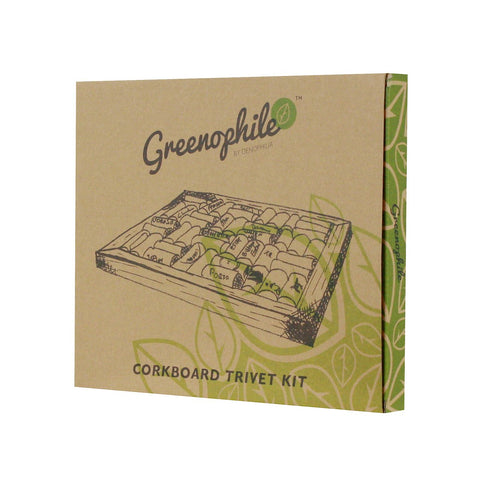 Oenophilia Bamboo Corkboard Trivet Kit cork-layout shows DIY cork arrangement for a personalized kitchen accessory.