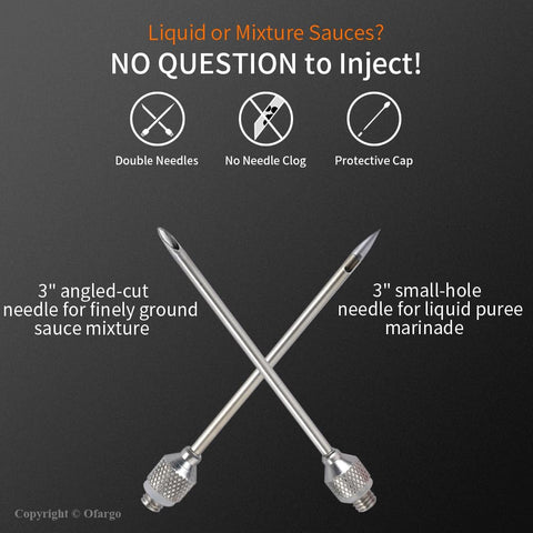 Ofargo screw-on meat needle for secure attachment and precise marinade distribution.