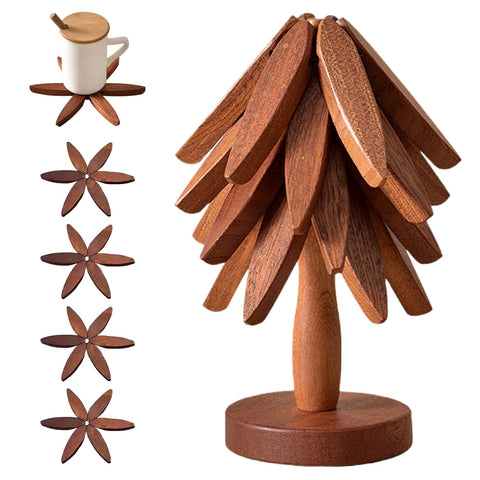 OFCTE tree-shaped walnut trivet set protects countertops from heat.