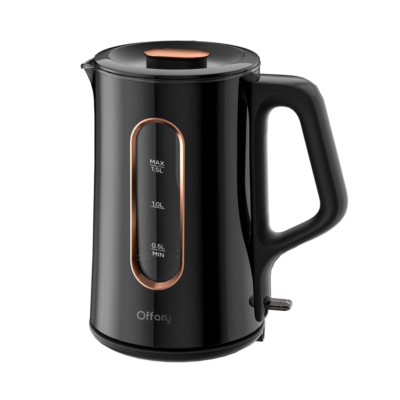 Offacy electric kettle double-wall glass exterior for safe handling and sleek style.
