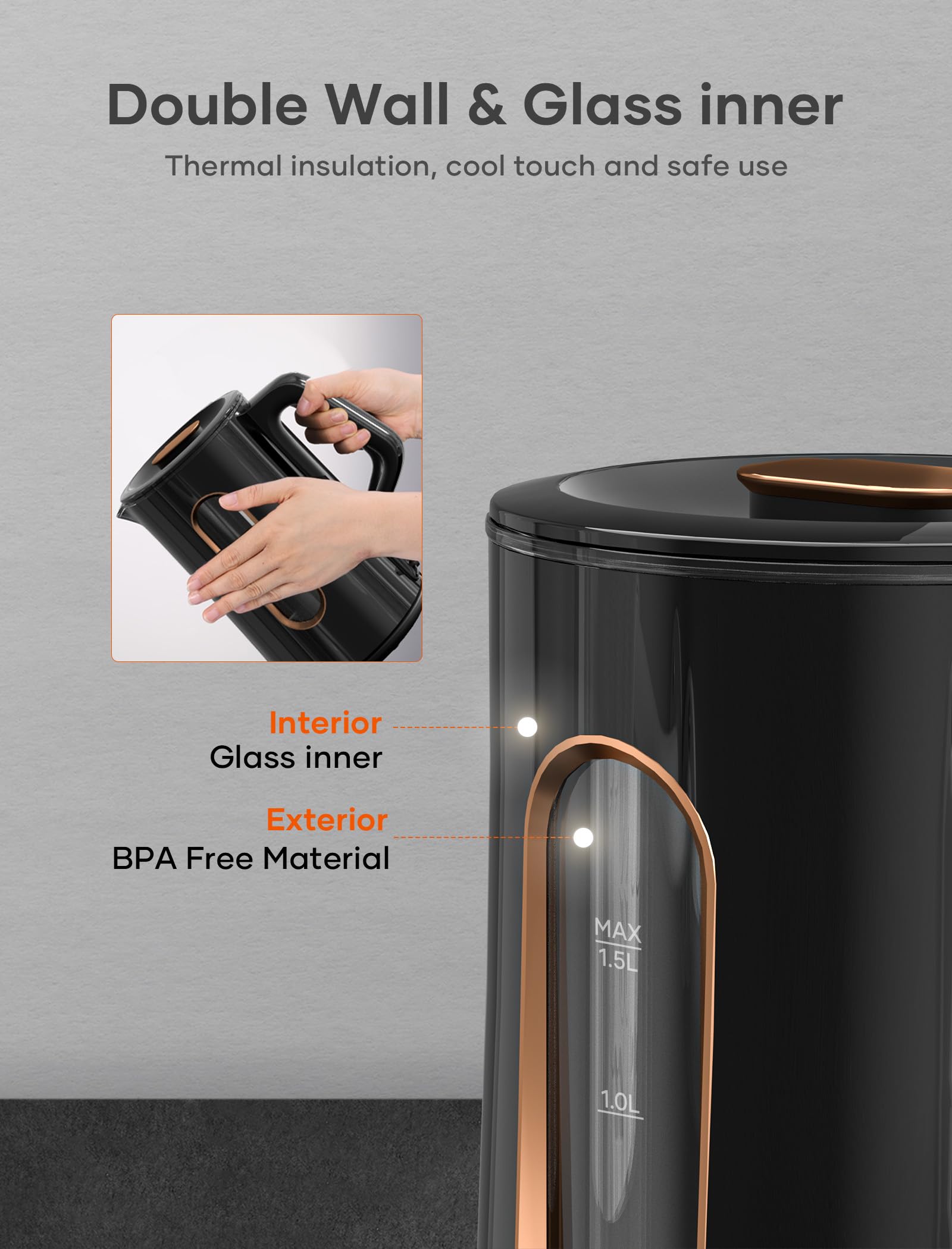Offacy kettle safety features with auto shut-off and Strix thermostat.