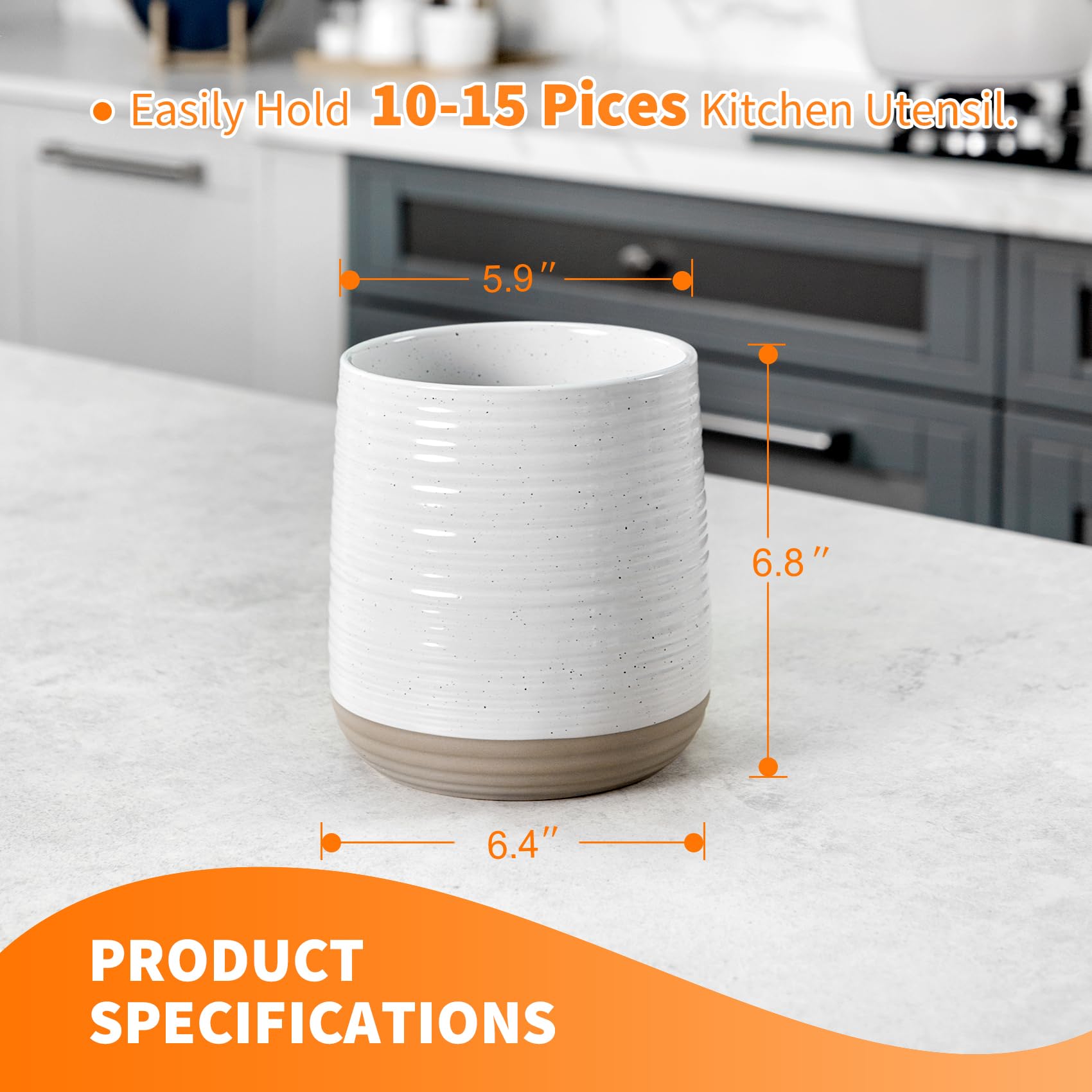 Officepal farmhouse cream crock with side-angle view enhances counter aesthetics and accessibility