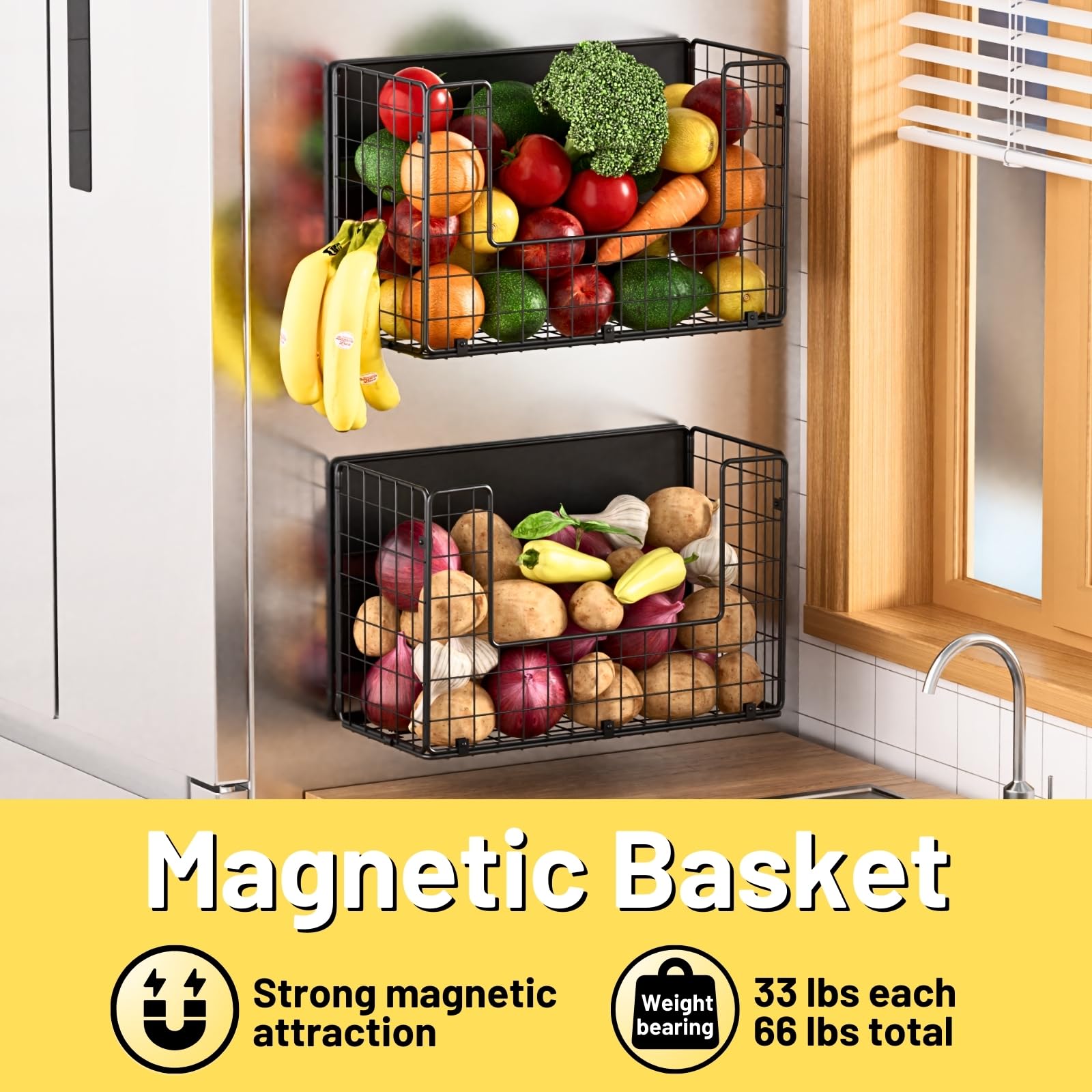 Ofiray-home magnetic shelf with fruit storage on a kitchen counter.
