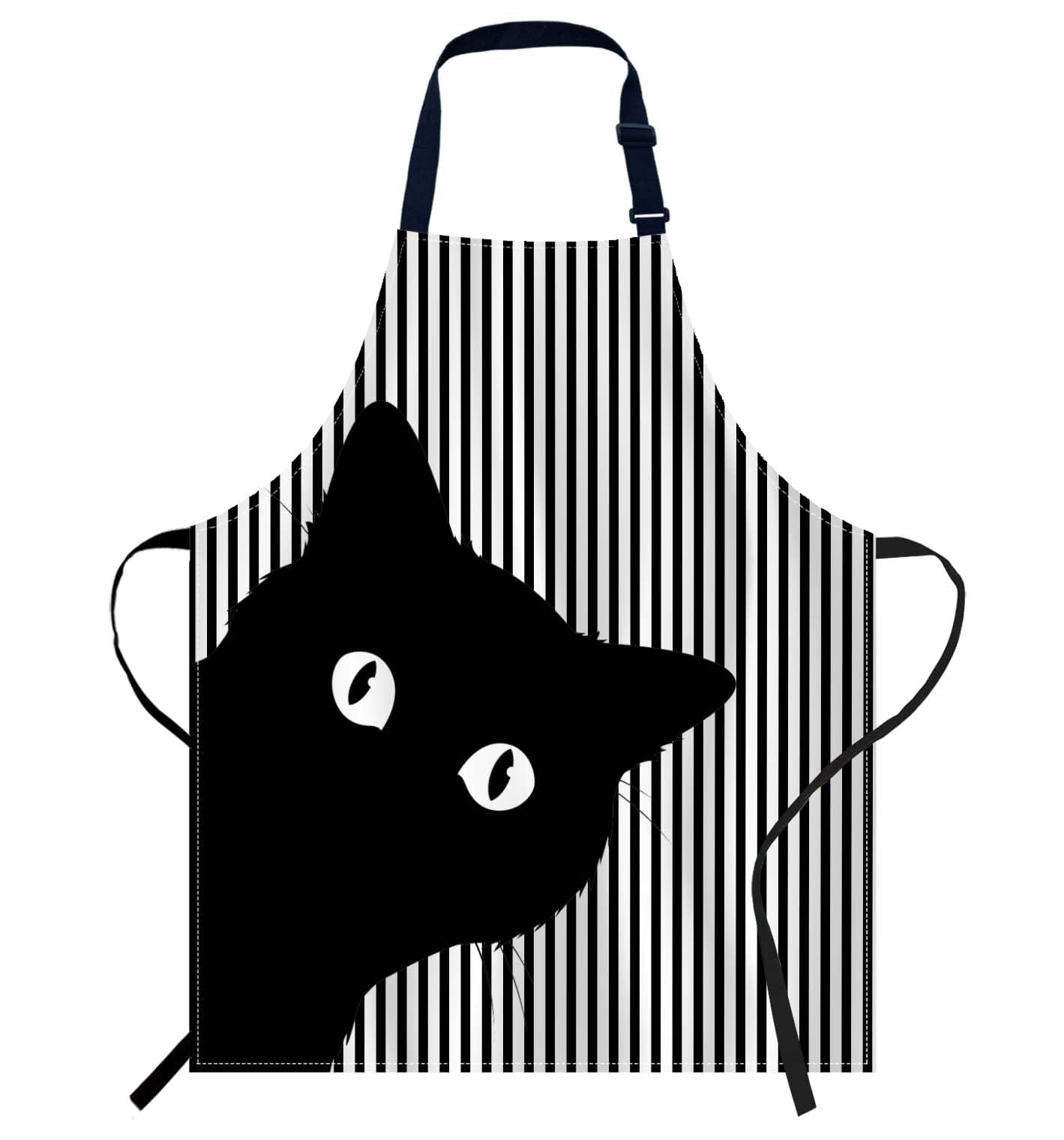 oFloral Black Cat Face Apron front view with adjustable neck strap for comfort.