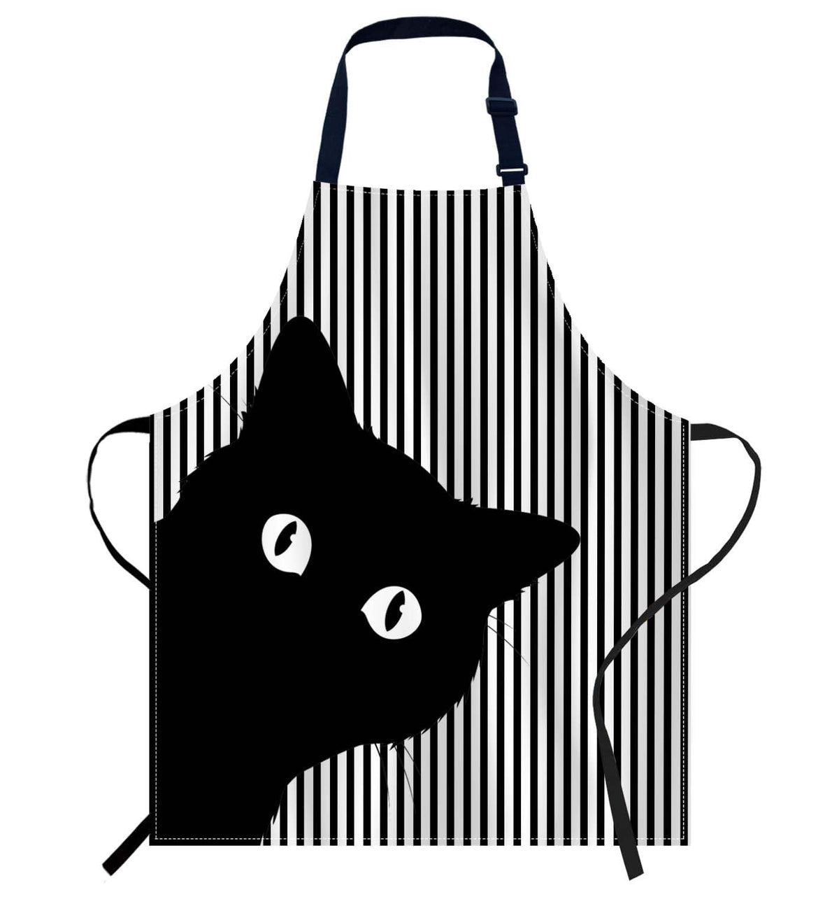 oFloral Black Cat Face Apron front view with adjustable neck strap for comfort.
