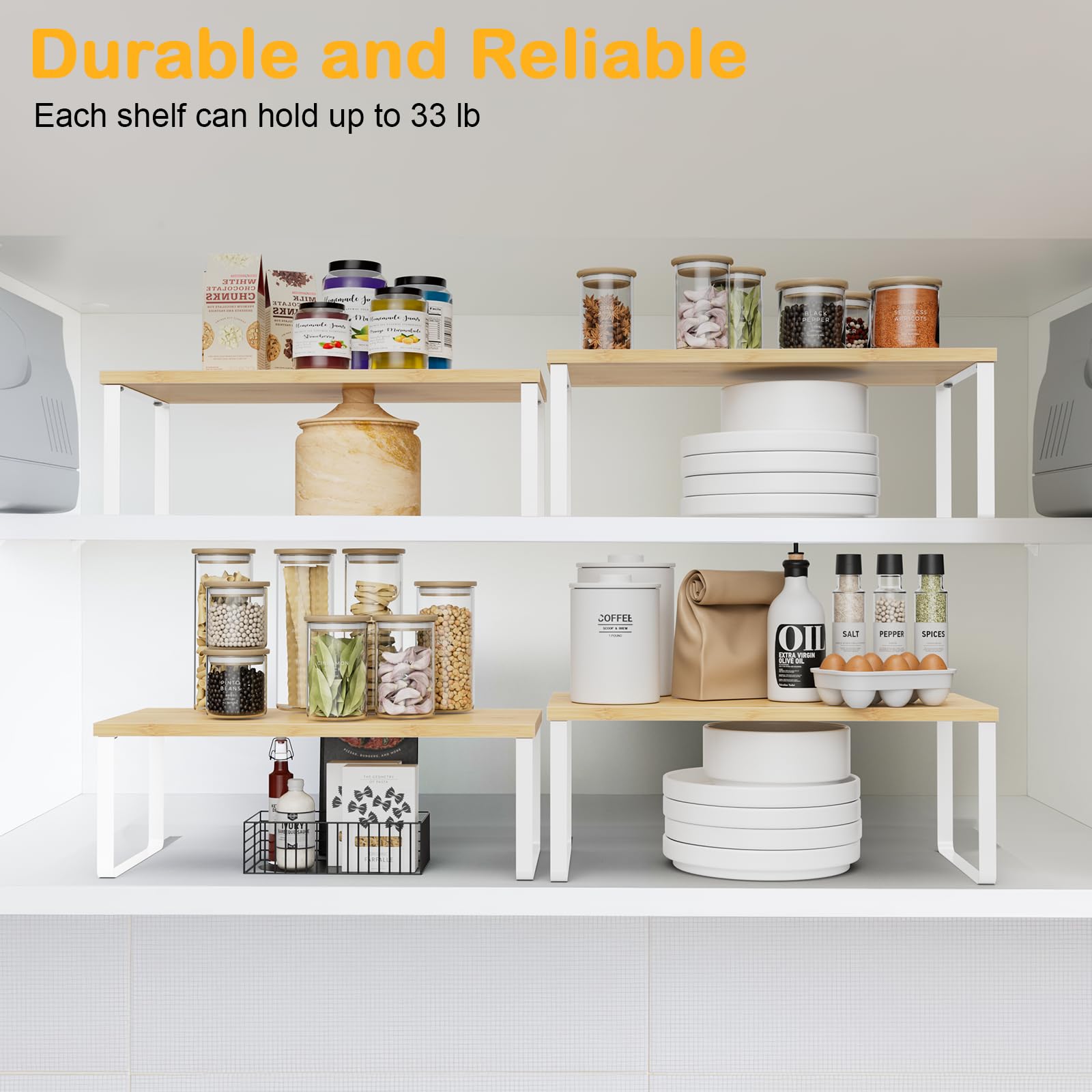 OGEMXU adjustable shelves maximize narrow spaces and keep counters tidy.