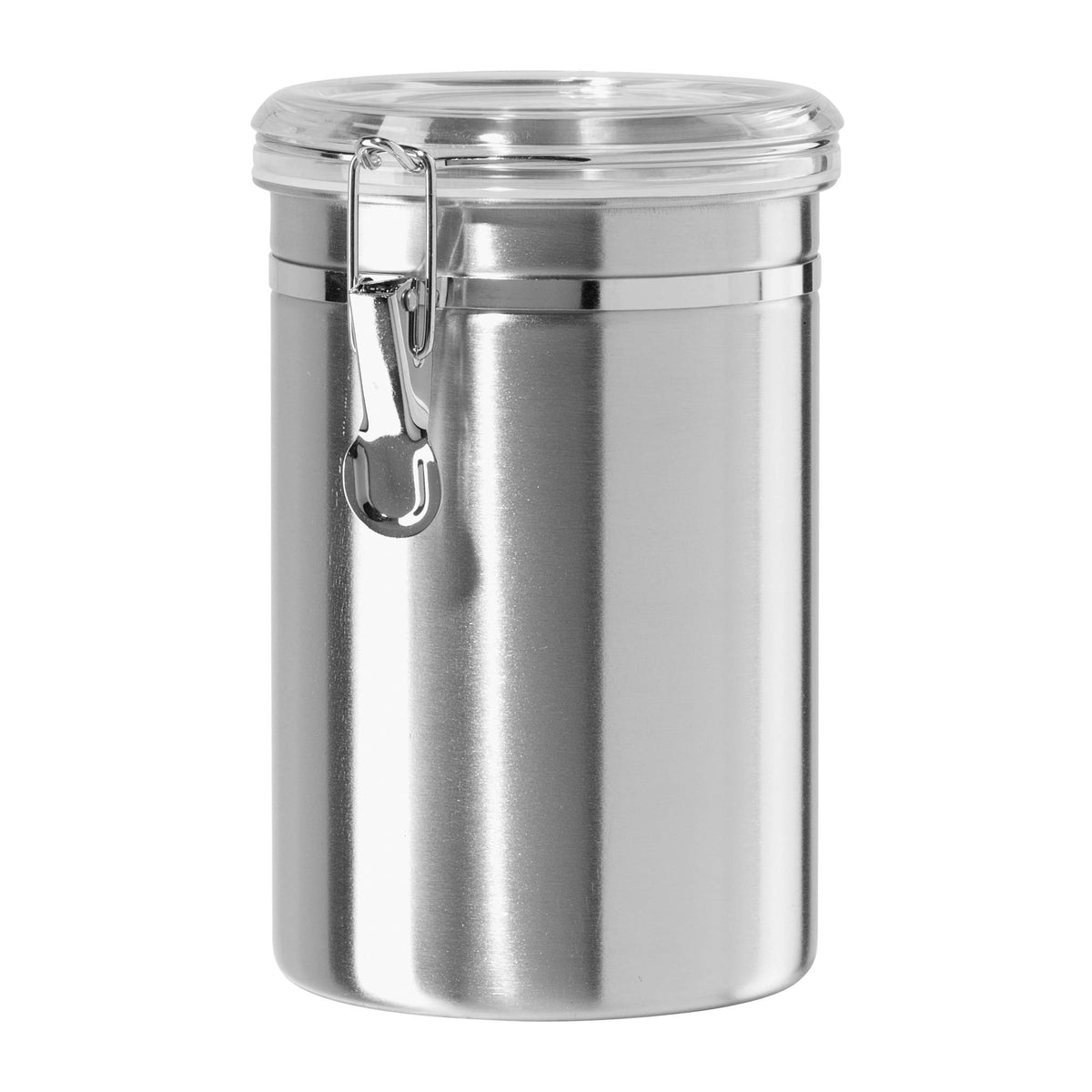 Oggi 62 oz stainless steel canister with airtight lid keeps pantry items fresh.