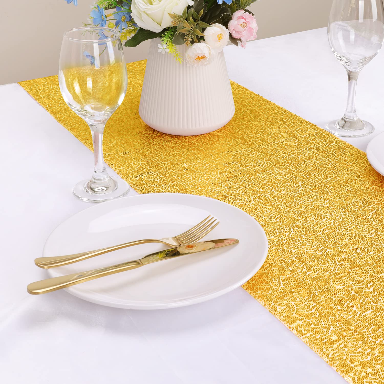 OGORI gold sequin runner close-up, soft fabric resists wrinkles for easy holiday hosting