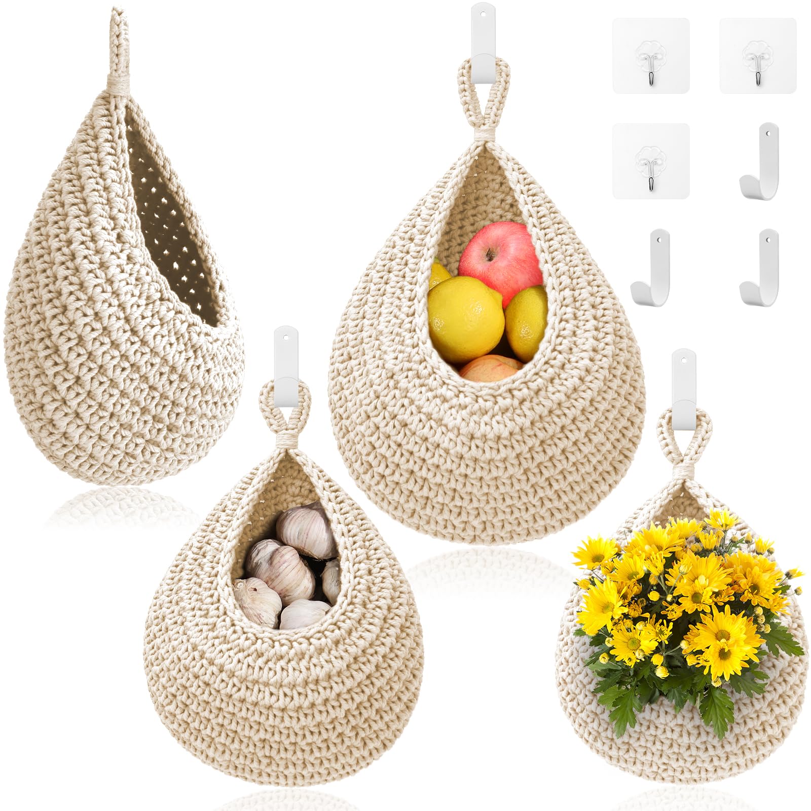 OGOTEZ hanging fruit basket 3-pack showcases a chic boho display for kitchen organization.
