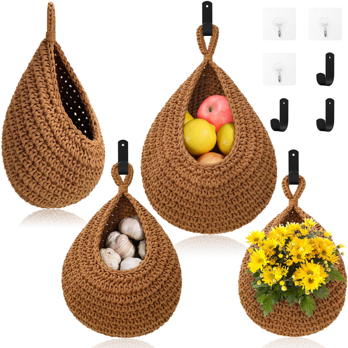 OGOTEZ hanging fruit baskets 3-pack on wall for organized kitchen storage.