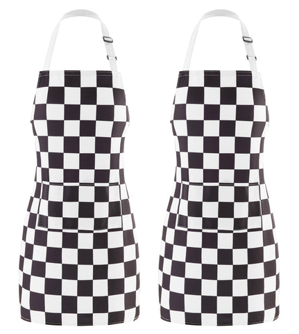 Ohocut checkered apron 2-pack front view with spill protection in the kitchen