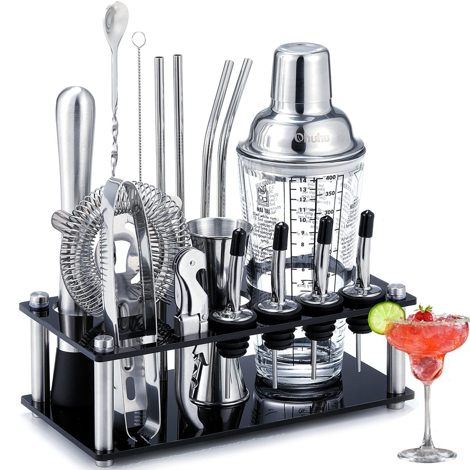 Ohuhu 17-piece shaker set on acrylic stand for organized home bartending.