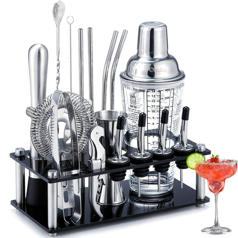Ohuhu 17-piece shaker set on acrylic stand for organized home bartending.