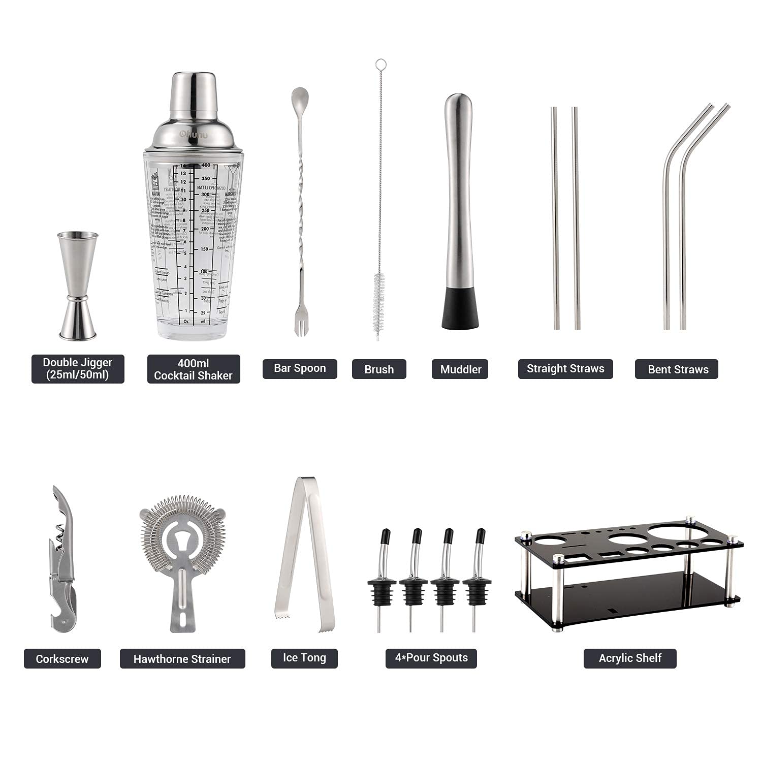 Ohuhu 400ml cocktail shaker with measurement marks for precise drinks.