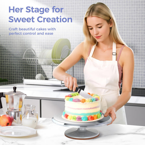 Ohuhu cake stand anti-slip top keeps cake secure during decorating and serving.