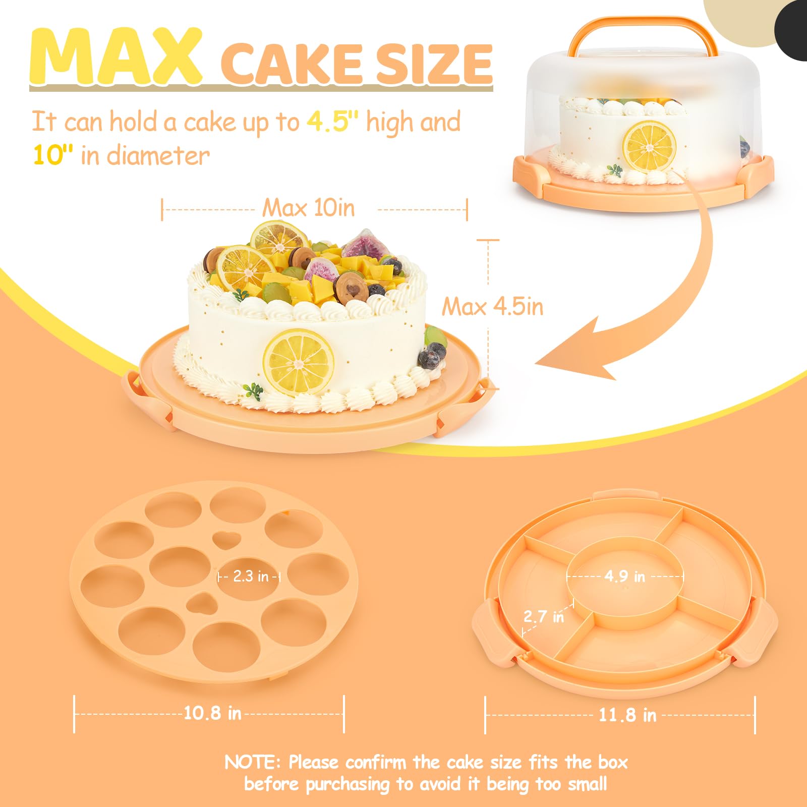 Ohuhu cake stand diameter guide indicating 12-inch base and 10-inch cake fit
