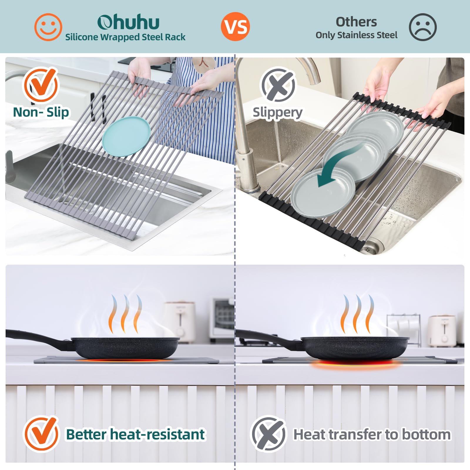 Ohuhu drying rack supports dishes and vegetables during quick rinses.