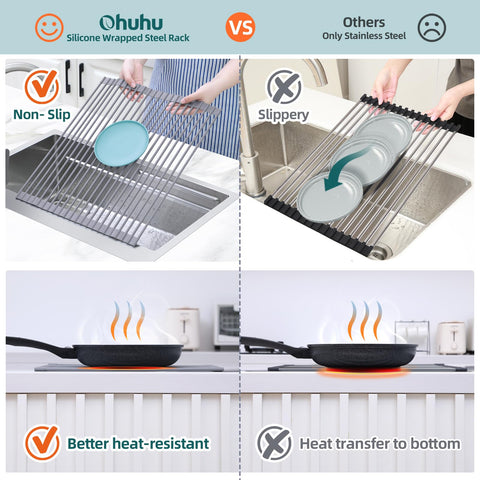 Ohuhu rack in use with pots, pans, and cutting boards.