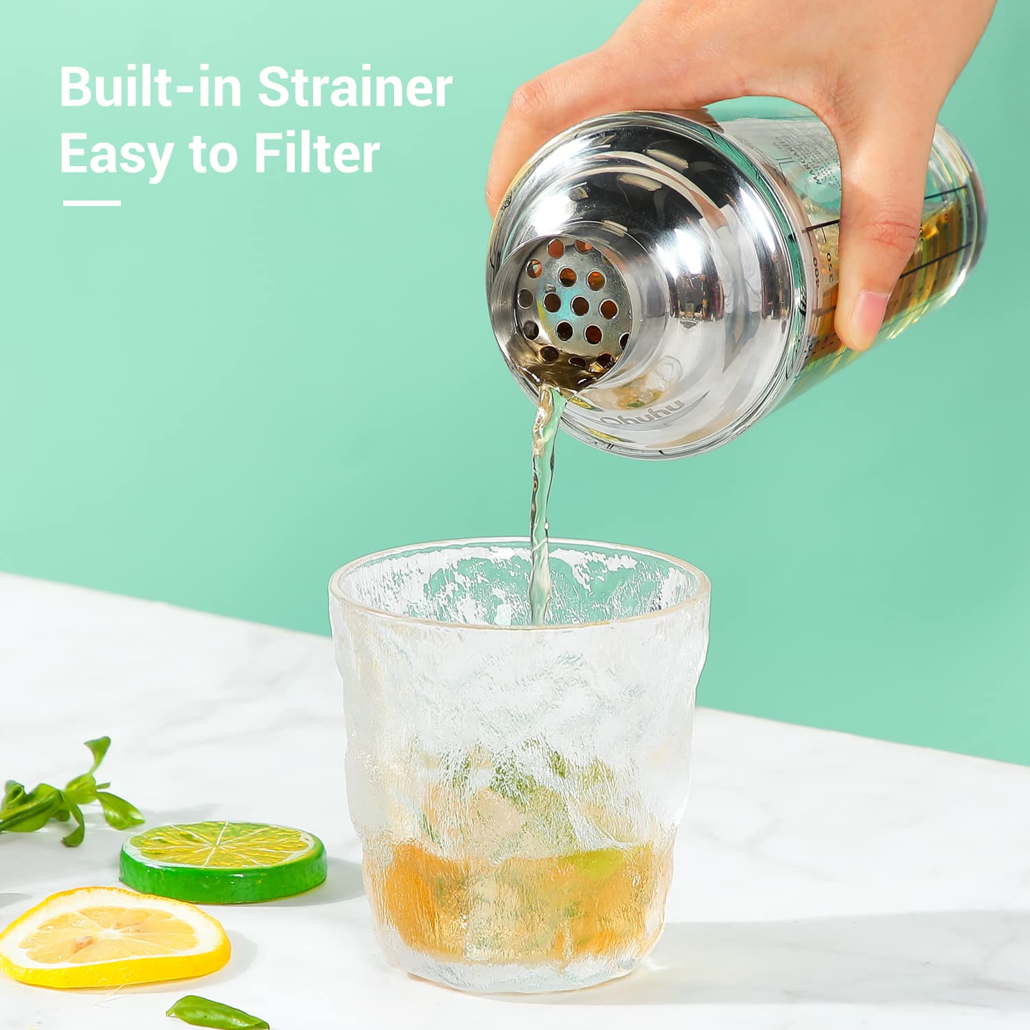Ohuhu Hawthorne strainer for smooth, spill-free pours.