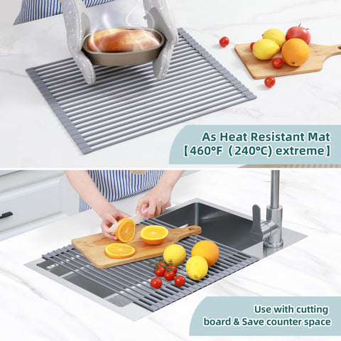 Ohuhu roll-up dish drainer on sink for quick drying.