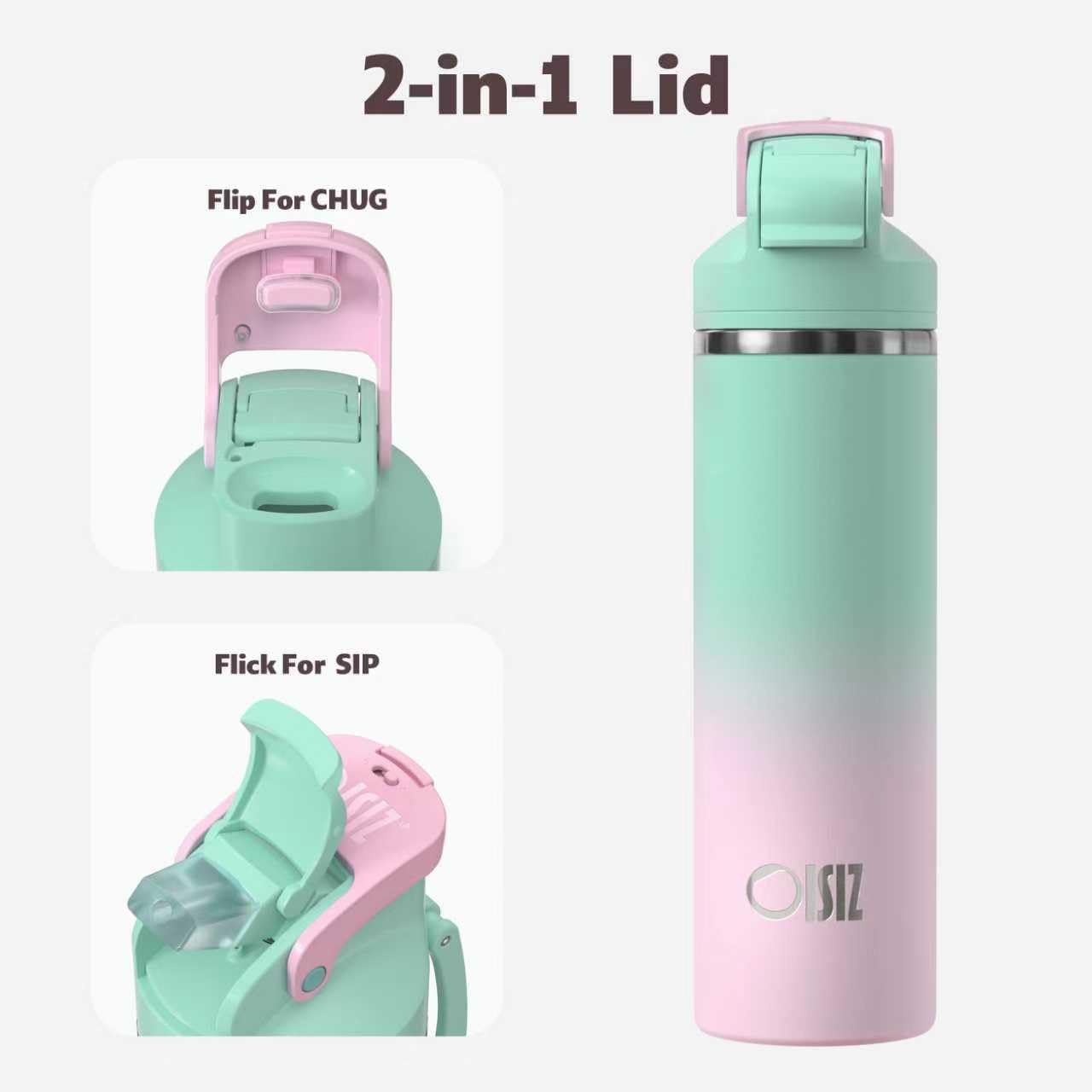 OISIZ bottle showing spout lid for quick chugs during workouts