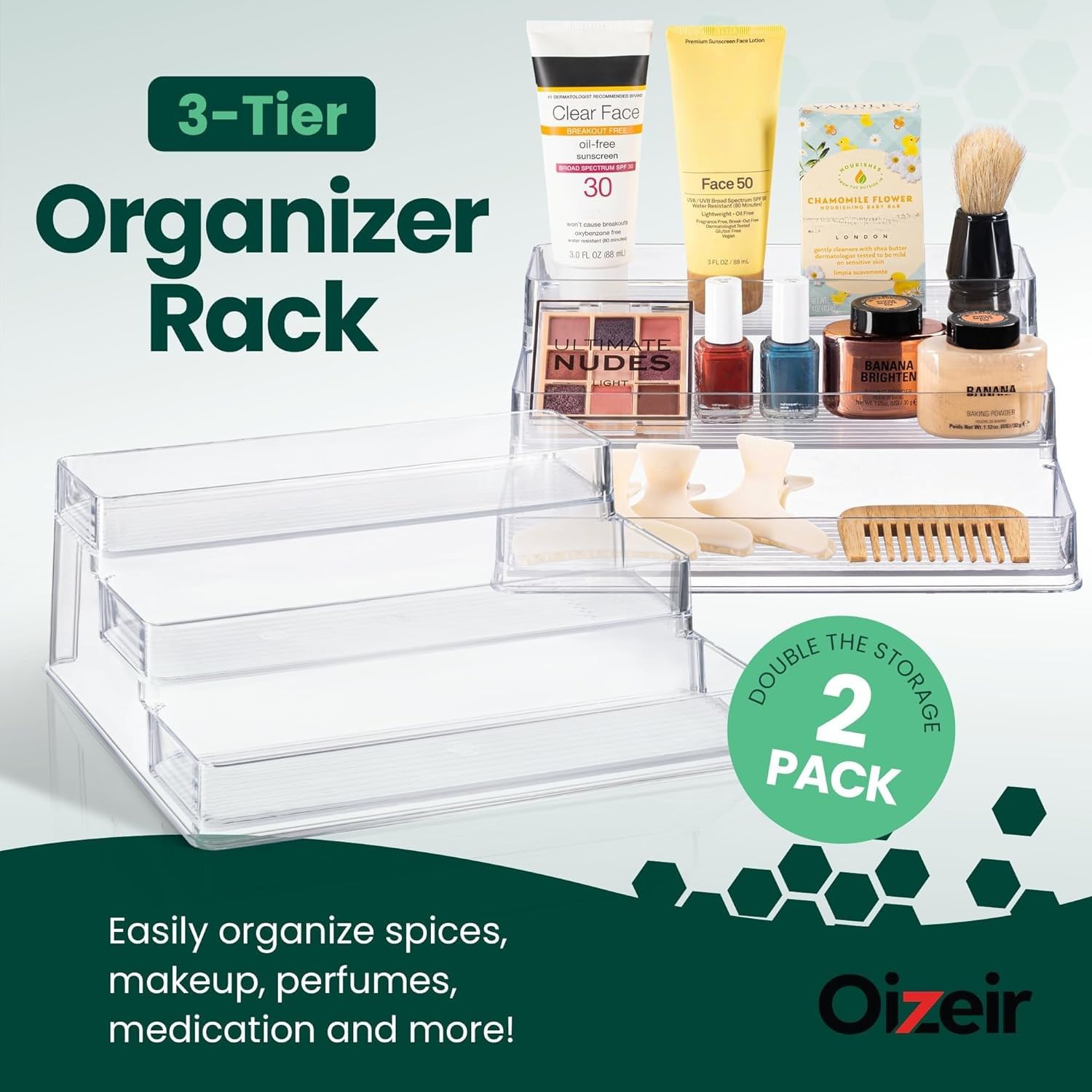 Oizeir Clear Spice Rack 3-Tier, versatile acrylic organizer fits cabinets, shelves, and counters.