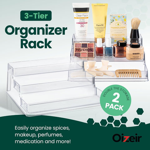 Oizeir Clear Spice Rack 3-Tier, versatile acrylic organizer fits cabinets, shelves, and counters.