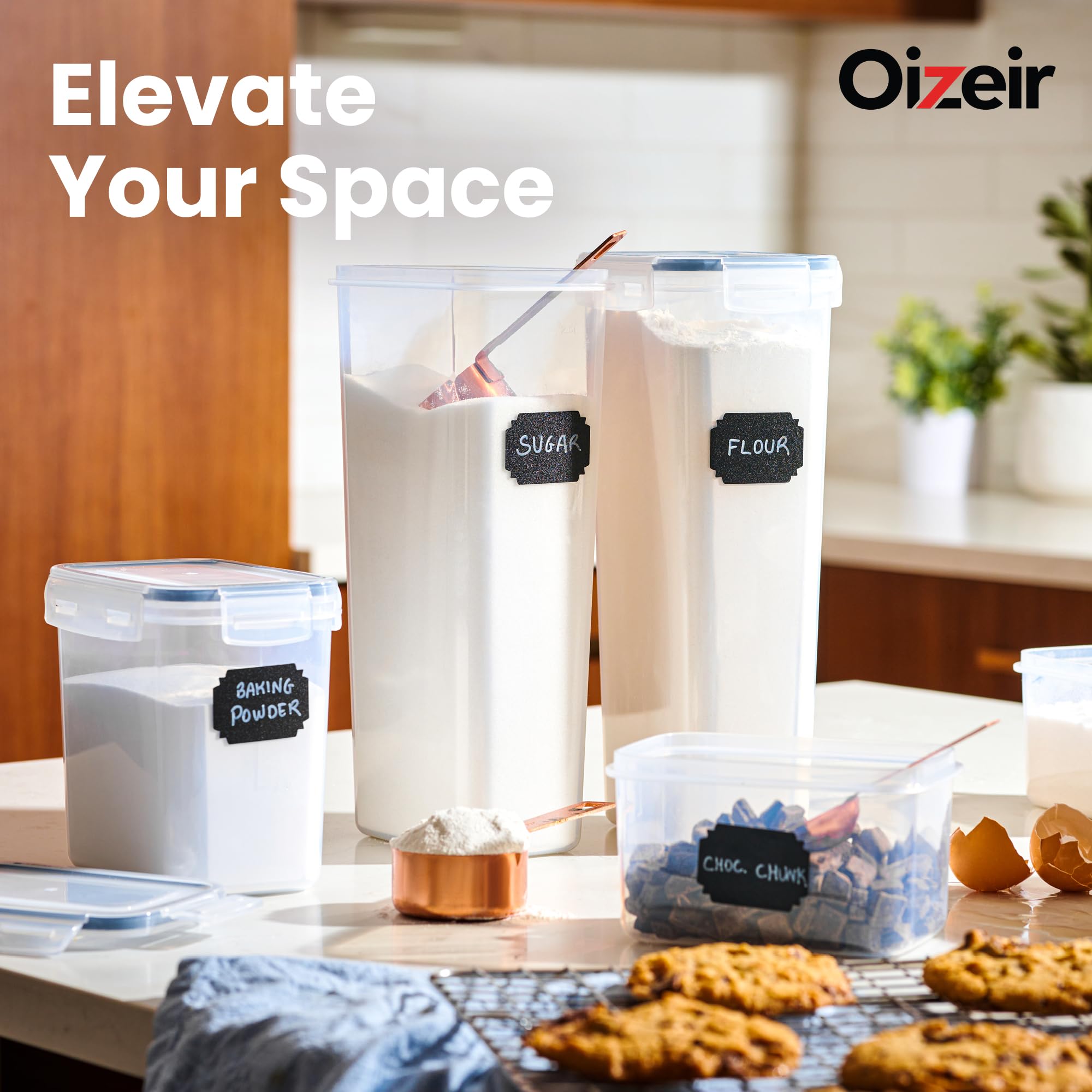 Oizeir flour and sugar bins with locking lids keep freshness.