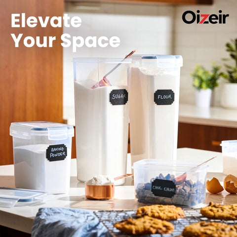 Oizeir flour and sugar bins with locking lids keep freshness.