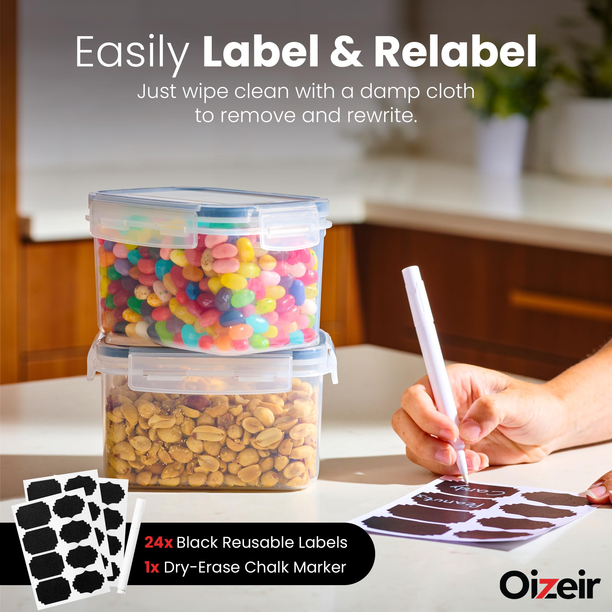 Oizeir reusable labels help customize containers for spices and snacks.