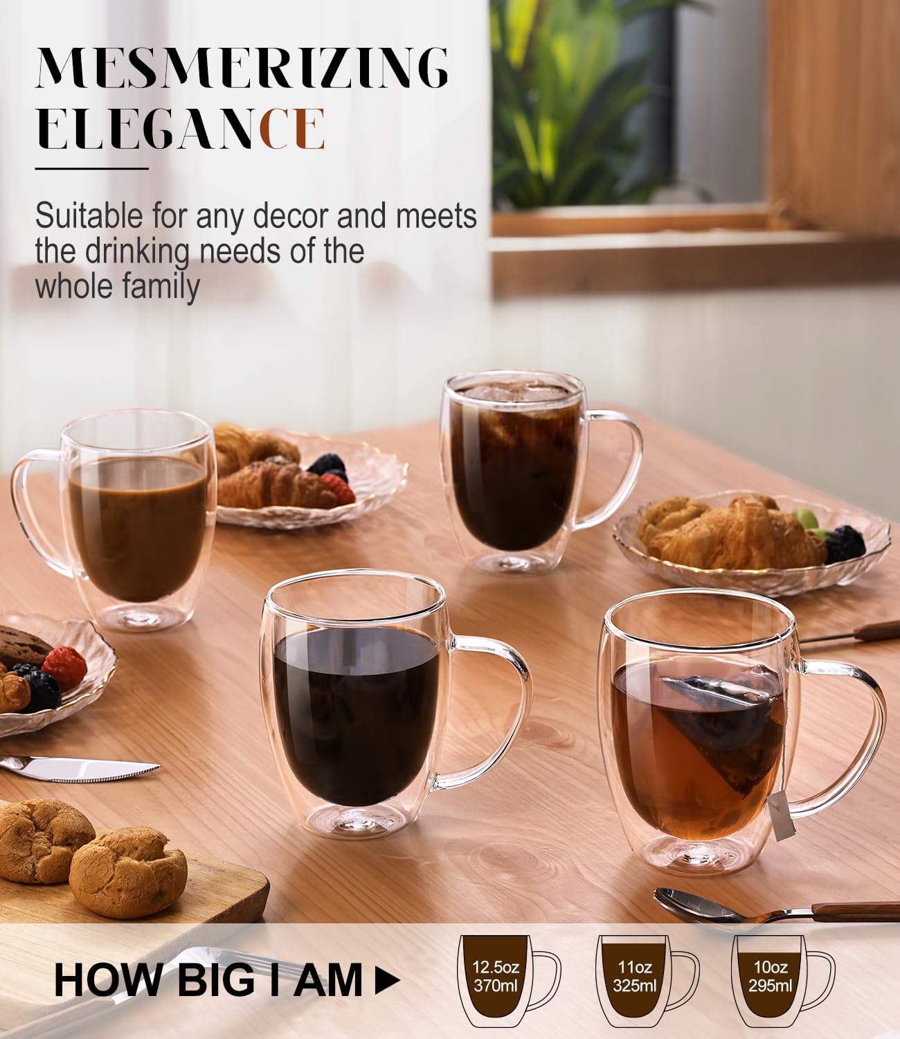 OJA borosilicate clear glass mug, durable and heat resistant.
