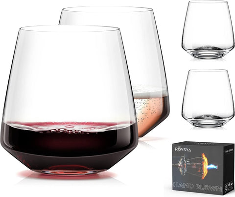 OJA stemless wine glasses 4pc side view highlighting a stable, spill-resistant base