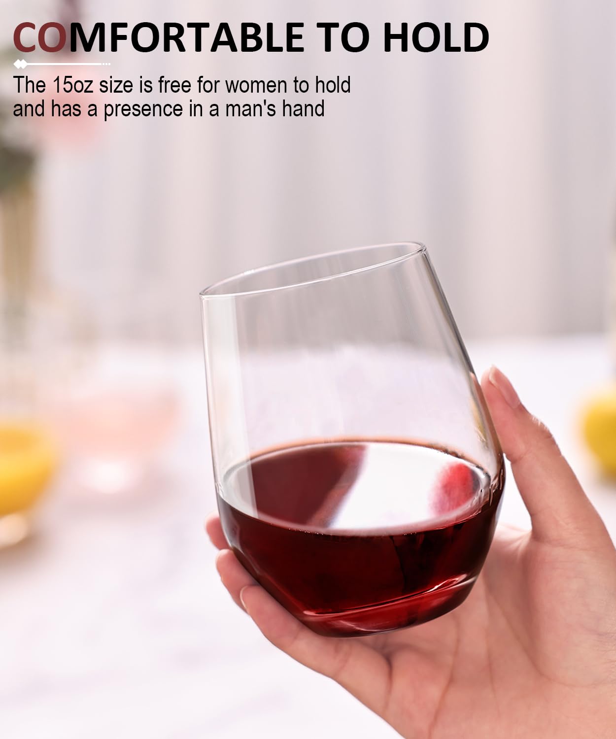 OJA stemless glass with angular body enhances grip and aroma.