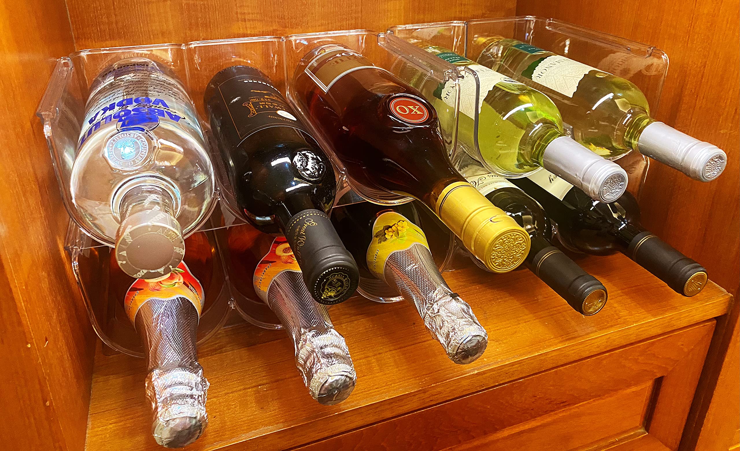 OKITCHEN free-standing rack beside pantry shelves, clear PET design.