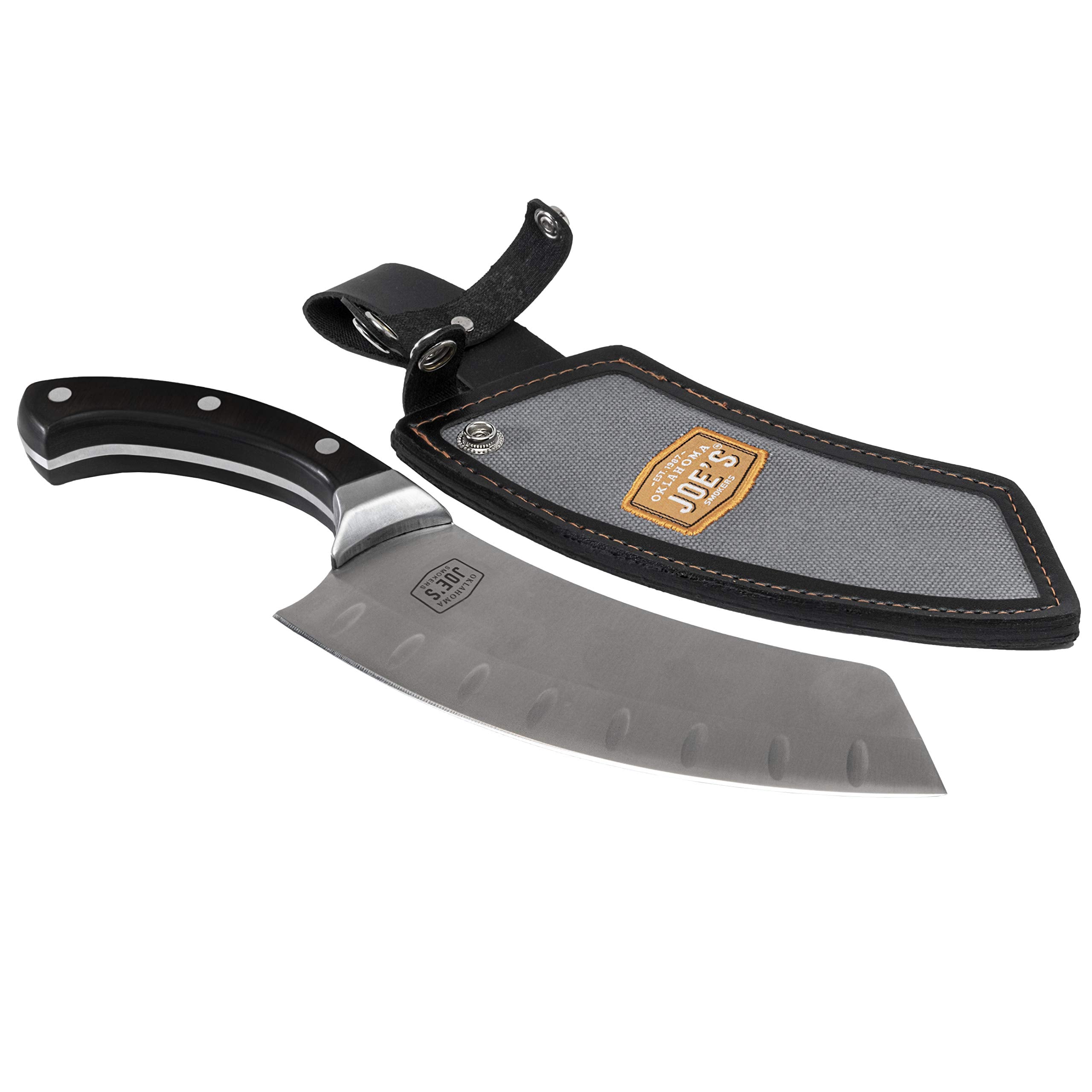 Oklahoma Joe's Blacksmith cleaver blade close-up shows a sharp edge for precise cuts.