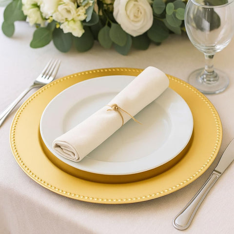 Okllen gold charger under bowls and salad plates for organized tables.