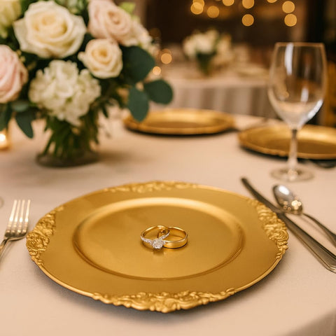 Okllen 12-pack charger plates create cohesive look for catering and home tables.