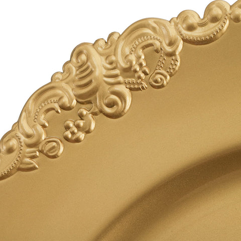 Okllen decorative floral-trim charger plates elevate wedding reception tables.